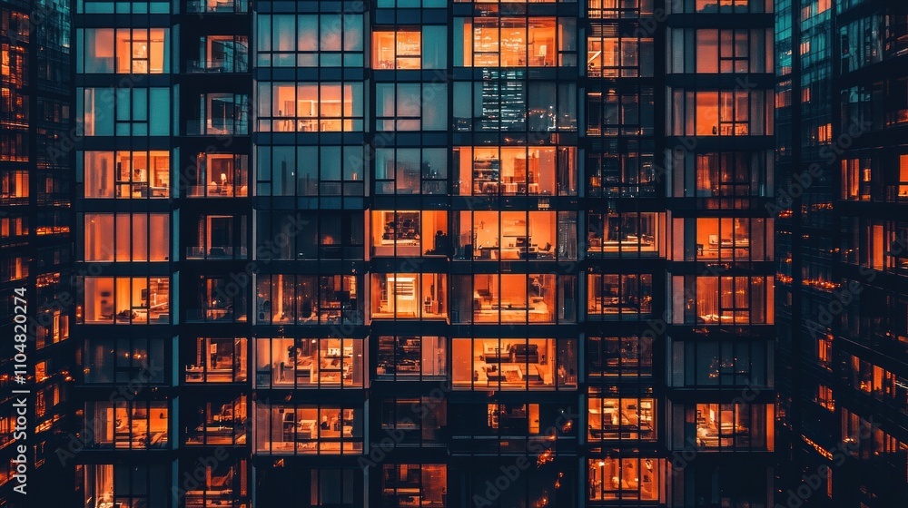 Illuminated apartment building at night, showing numerous windows with warm interior lighting. Illuminated apartment building at night, showing numerous windows with warm interior lighting.
