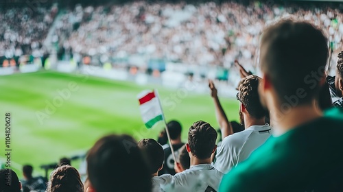 Rear View of Soccer Fans Cheering with a Hungarian Flag in the Background