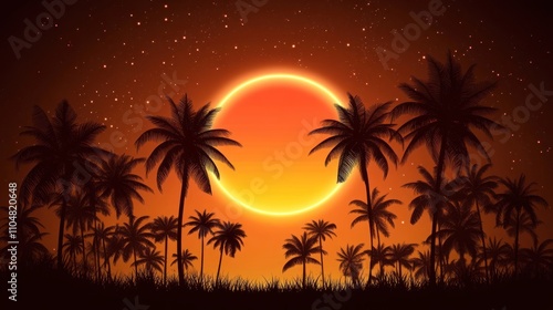 A vibrant sunset scene with silhouetted palm trees against a starry sky.