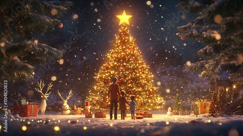 Family Admire a Decorated Christmas Tree in a Snowy Forest