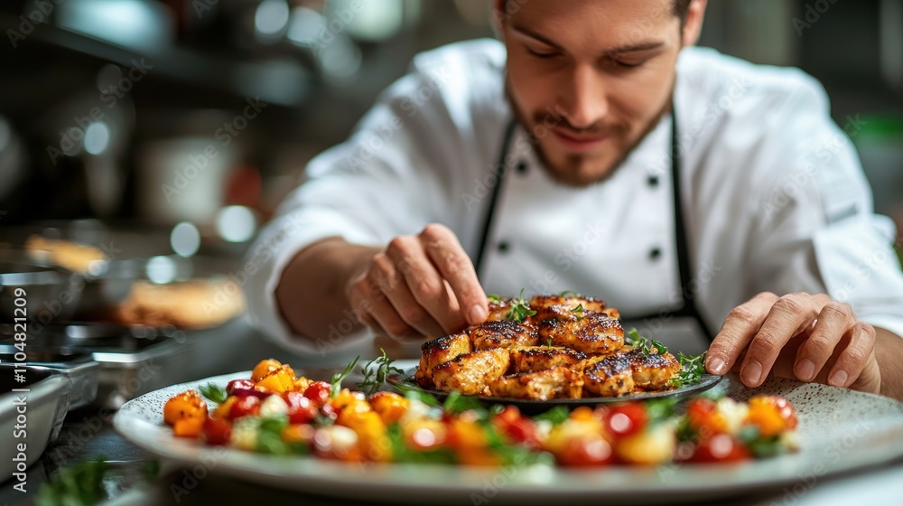 A chef carefully arranges grilled chicken and vegetables on a plate in a professional kitchen. A chef carefully arranges grilled chicken and vegetables on a plate in a professional kitchen.