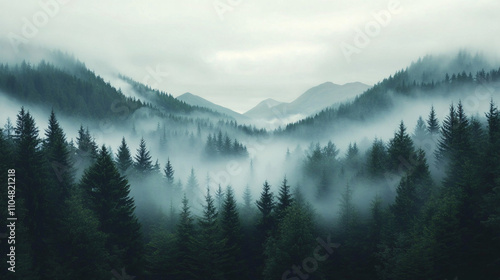 A serene early morning landscape of a dense evergreen forest shrouded in mist, ideal for calming nature-themed designs, meditation, or wellness events.