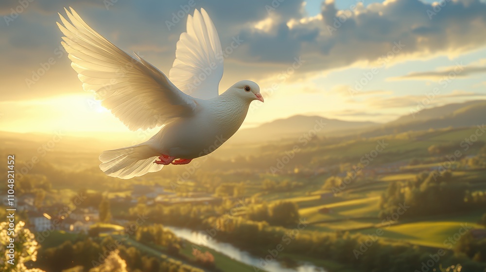 Beautiful White Dove Flying Over Lush Green Landscape at Sunset Embracing Serenity and Freedom in Nature’s Tranquil Scene Beautiful White Dove Flying Over Lush Green Landscape at Sunset Embracing Serenity and Freedom in Nature’s Tranquil Scene