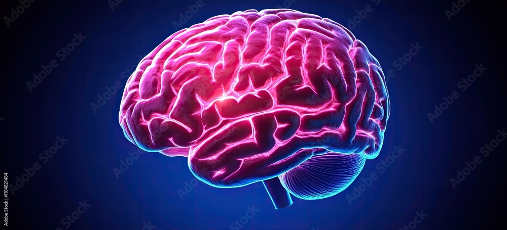 3D render of a glowing pink and red brain with a purple background, glowing particles 3D render of a glowing pink and red brain with a purple background, glowing particles