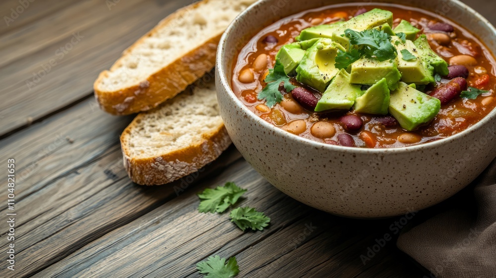 Hearty Vegan Chili Bowl with Avocado on Rustic Table Setting | Plant-Based Comfort Food Photography Hearty Vegan Chili Bowl with Avocado on Rustic Table Setting | Plant-Based Comfort Food Photography