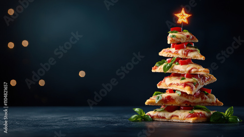 Christmas Pizza Festive Theme,  stack of pizza slices shaped like Christmas tree, topped with basil and tomatoes