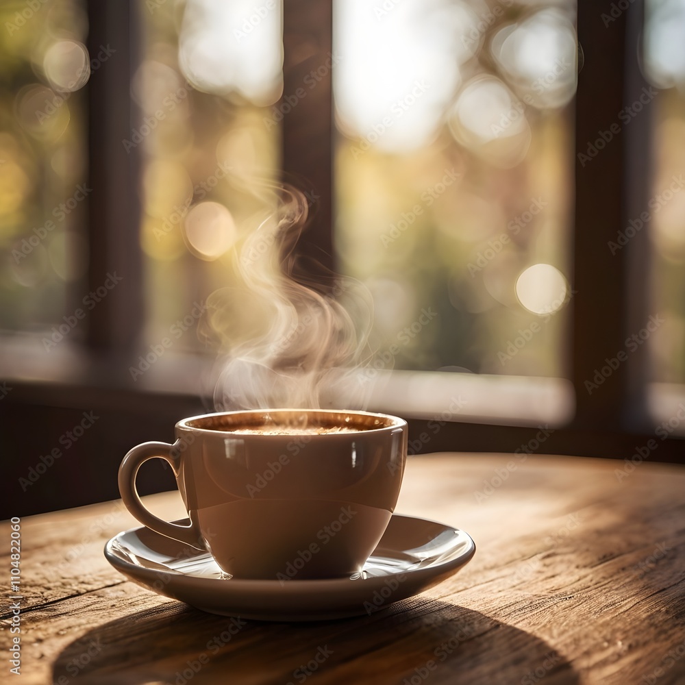Obraz premium A blurred close-up of a steaming cup of coffee on a wooden table, with soft natural light streaming through a window in the background