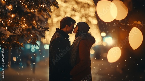 Couple kissing under snowy Christmas tree lights at night.