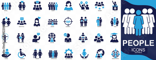 People icon set family, human, team, community, friends, . Solid icon collection.