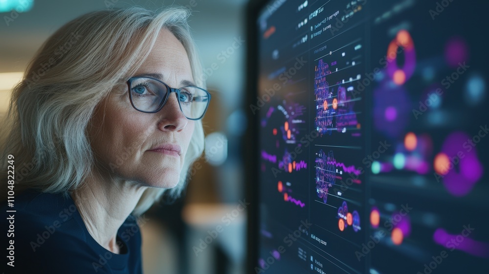 Businesswoman Analyzing Data on Large Screen Charts Graphs Productivity Metrics Businesswoman Analyzing Data on Large Screen Charts Graphs Productivity Metrics