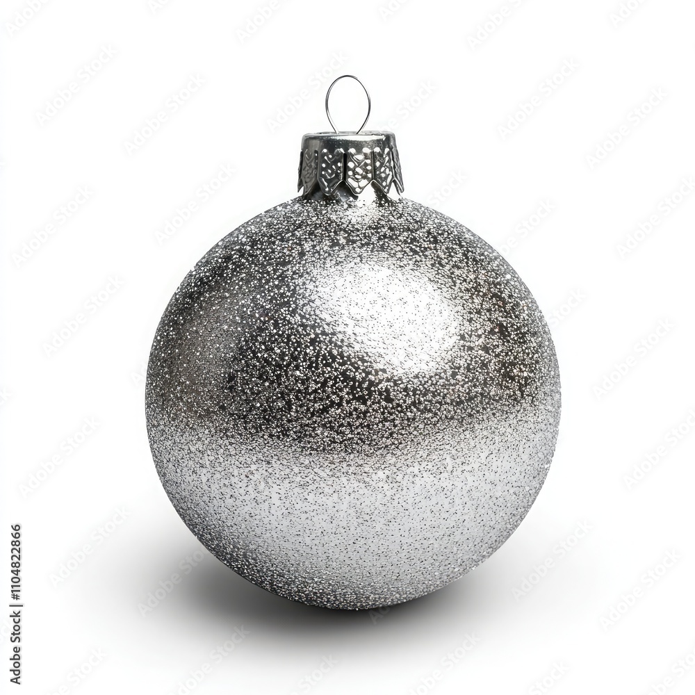 A silver, glittery Christmas ball ornament isolated on a white background, with a detailed illustration, high-resolution, professional photograph A silver, glittery Christmas ball ornament isolated on a white background, with a detailed illustration, high-resolution, professional photograph