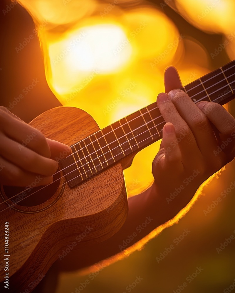Naklejka premium Sunset Ukulele Serenade: A Musician Plays a Ukulele During Golden Hour