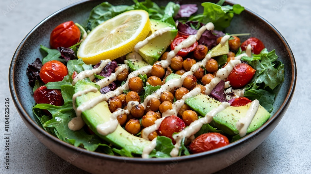 Vibrant Plant-Based Salad with Roasted Chickpeas and Avocado in Lemon-Tahini Dressing Served in Bowl Vibrant Plant-Based Salad with Roasted Chickpeas and Avocado in Lemon-Tahini Dressing Served in Bowl