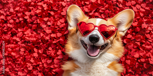 Valentines dog in love, happy corgi with rose petals and flower. Valentine’s Day wallpaper banner