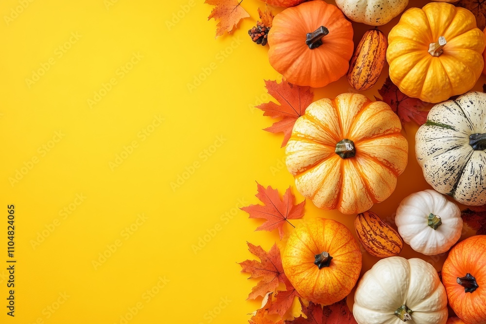 Colorful Pumpkins and Gourds on Bright Yellow Background for Autumn Harvest and Thanksgiving Celebrations Colorful Pumpkins and Gourds on Bright Yellow Background for Autumn Harvest and Thanksgiving Celebrations