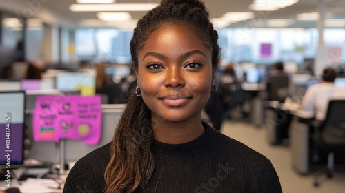 Happy Black Female Software Developer in Modern Office