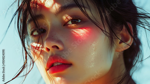 Realistic Editorial Shot of Asian Woman with Sunscreen Applied to Her Face, Fresh Skin, No Makeup, Set Against a Cool Background photo