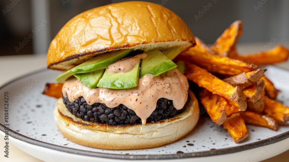Sumptuous Vegan Burger with Black Bean Patty, Avocado and Sweet Potato Fries - Plant-Based Food Delight Sumptuous Vegan Burger with Black Bean Patty, Avocado and Sweet Potato Fries - Plant-Based Food Delight