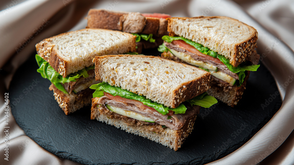Tempting Sandwiches on Slate Plate with Rustic Ambiance Tempting Sandwiches on Slate Plate with Rustic Ambiance