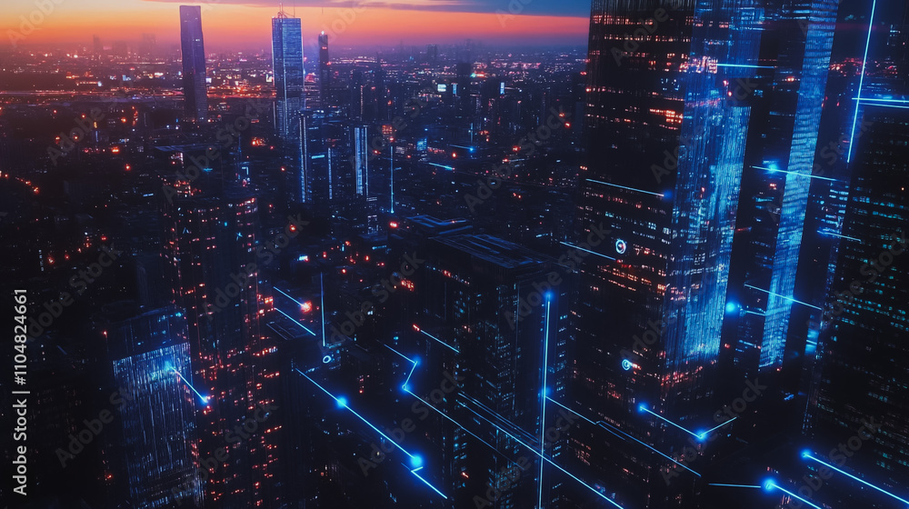 Smart digital city with connection cyber security network reciprocity over the twilight cityscape.future wireless digital city and social media networking systems that connects people within the city Smart digital city with connection cyber security network reciprocity over the twilight cityscape.future wireless digital city and social media networking systems that connects people within the city