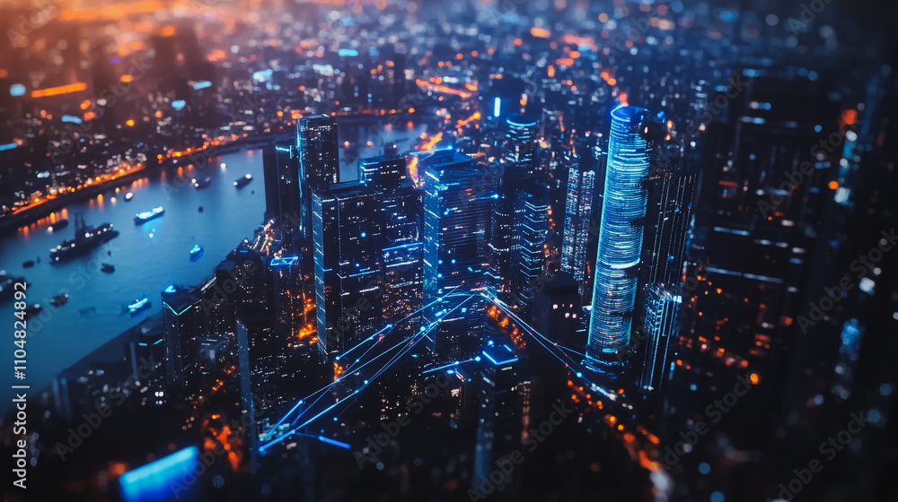 Obraz premium Smart digital city with connection cyber security network reciprocity over the twilight cityscape.future wireless digital city and social media networking systems that connects people within the city