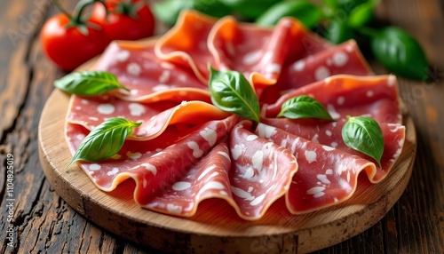 Thinly sliced prosciutto with basil leaves on a cutting board