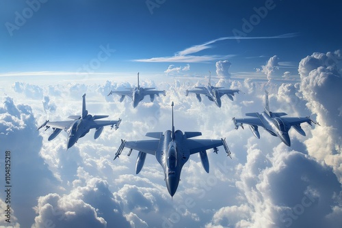 Fighter Jets Formation in the Clouds - Five fighter jets fly in tight formation above a sea of clouds, symbolizing teamwork, precision, power, speed, and defense.