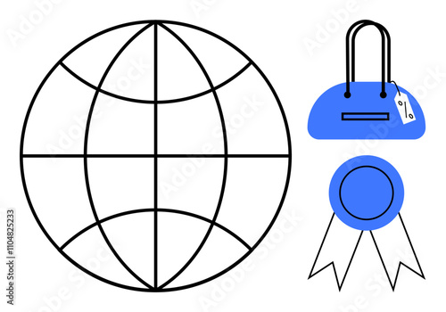 Black-outlined globe and stylish handbag with tag, blue award ribbon with two white stripes. Ideal for international business, travel, fashion, global commerce, quality assurance, consumer goods