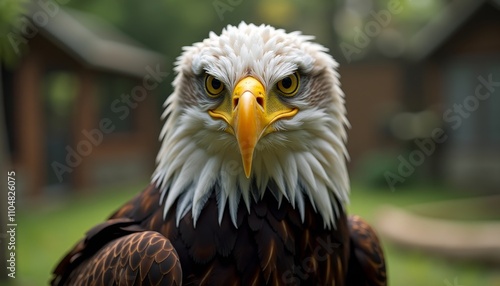 Eagle with yellow beak, sharp gaze, in front of blurred house photo