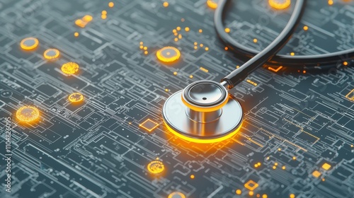 Modern Healthcare and Technology Integration: Close-up of Stethoscope on Circuit Board with Glowing Data Points