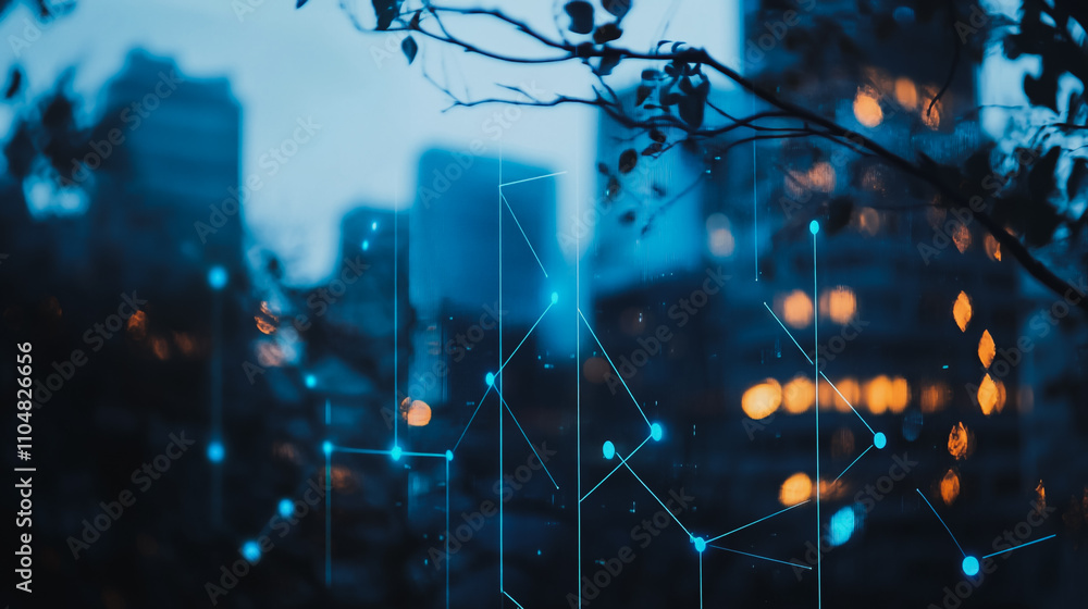 Obraz premium Smart digital city with connection cyber security network reciprocity over the twilight cityscape.future wireless digital city and social media networking systems that connects people within the city