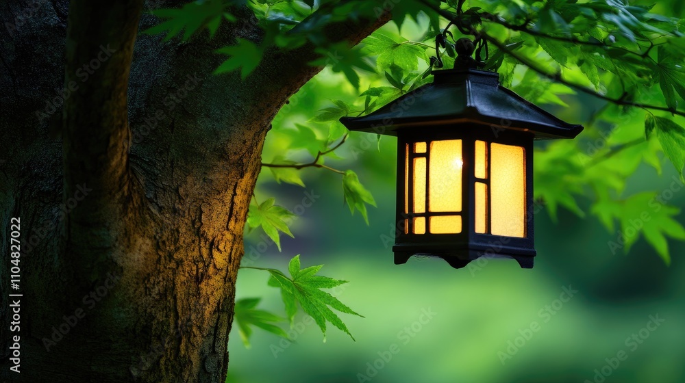 Tranquil Lantern Hanging from Tree Branch Illuminating Greenery