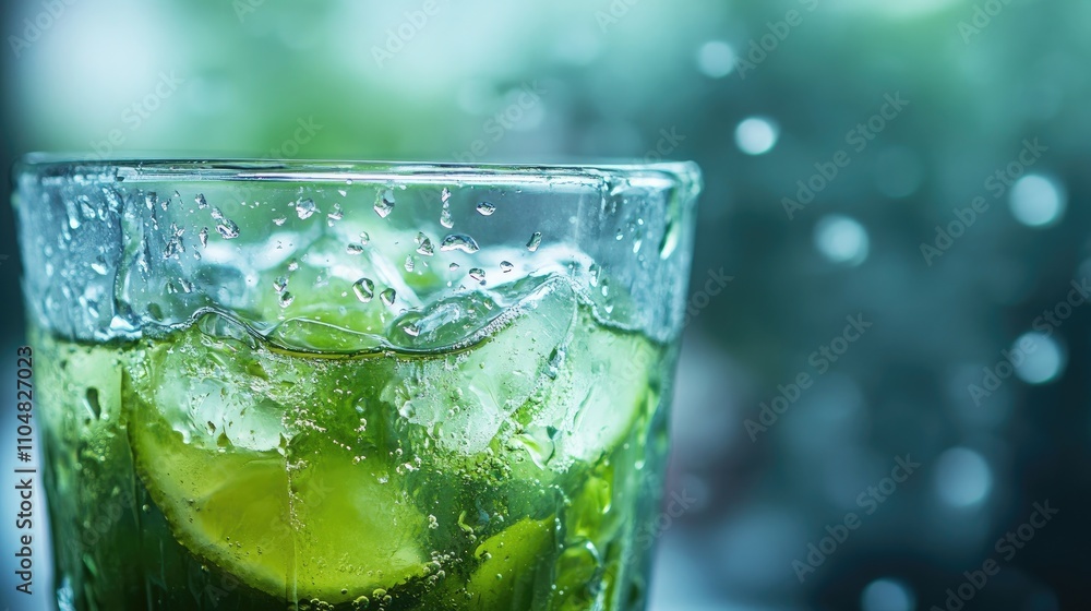 Refreshing Lime Drink in a Glass with Ice and Raindrops Refreshing Lime Drink in a Glass with Ice and Raindrops