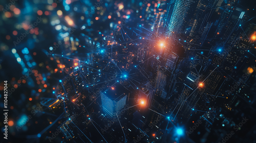 Obraz premium Smart digital city with connection cyber security network reciprocity over the twilight cityscape.future wireless digital city and social media networking systems that connects people within the city