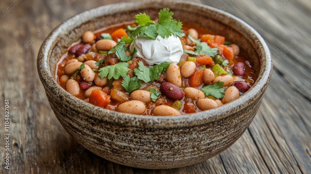Hearty Plant-Based Chili with Vegan Sour Cream and Fresh Cilantro in Rustic Bowl Hearty Plant-Based Chili with Vegan Sour Cream and Fresh Cilantro in Rustic Bowl