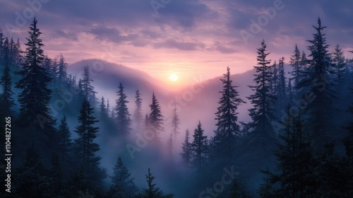 Serene Dawn in a Misty Forest with Silhouetted Trees and Sunlight