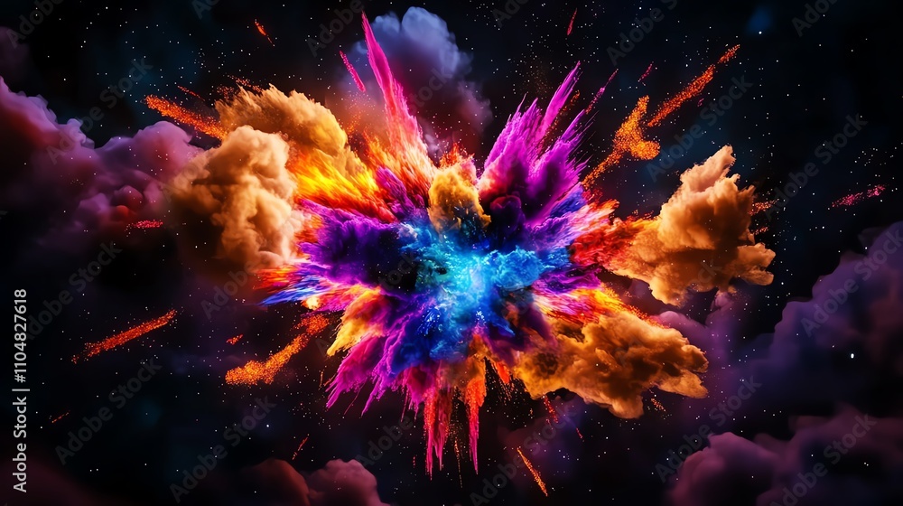 Colorful explosion of clouds on a dark backdrop depicting cosmic energy. Colorful explosion of clouds on a dark backdrop depicting cosmic energy.