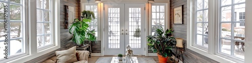 Sunroom with white French doors, wooden walls, grey wood paneling, cream window frames, plants, coffee table near entrance, front door view.