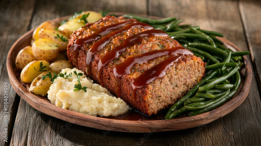 Savory Plant-Based Meatloaf with Tomato Glaze and Sides on Rustic Table Setting Savory Plant-Based Meatloaf with Tomato Glaze and Sides on Rustic Table Setting