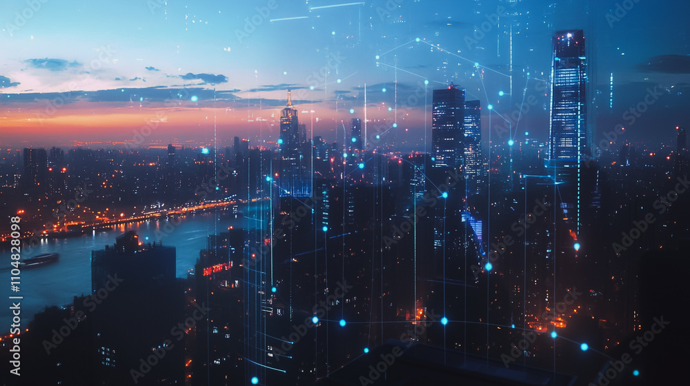 Naklejka premium Smart digital city with connection cyber security network reciprocity over the twilight cityscape.future wireless digital city and social media networking systems that connects people within the city