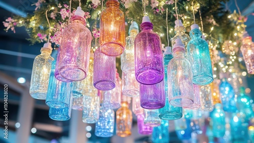 Recycling during festive seasons promotes sustainability. Nawat's upcycled glass bottle chandelier, illuminated with style, perfect for modern decor and sustainable living. photo