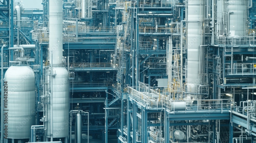 A robotic petrochemical refinery, industrial complex with automated refining processes and robotic maintenance crews, Petro Robotics style A robotic petrochemical refinery, industrial complex with automated refining processes and robotic maintenance crews, Petro Robotics style