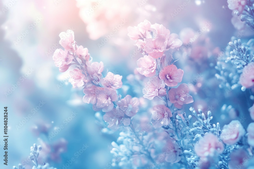 A soft, dreamy image of pink flowers blooming in a blue and white bokeh background. A soft, dreamy image of pink flowers blooming in a blue and white bokeh background.