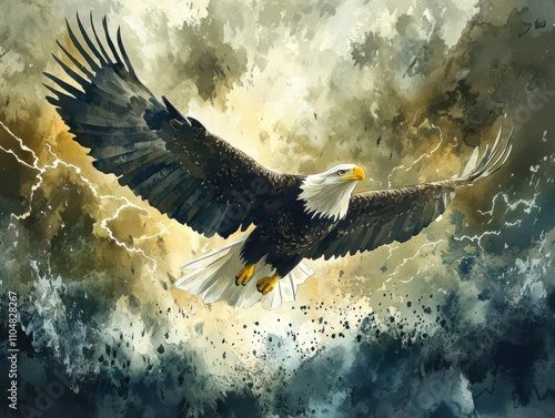 Majestic eagle, soaring above a stormy landscape, wings outstretched with lightning crackling around, watercolor technique, capturing the grandeur and raw energy of natures power photo