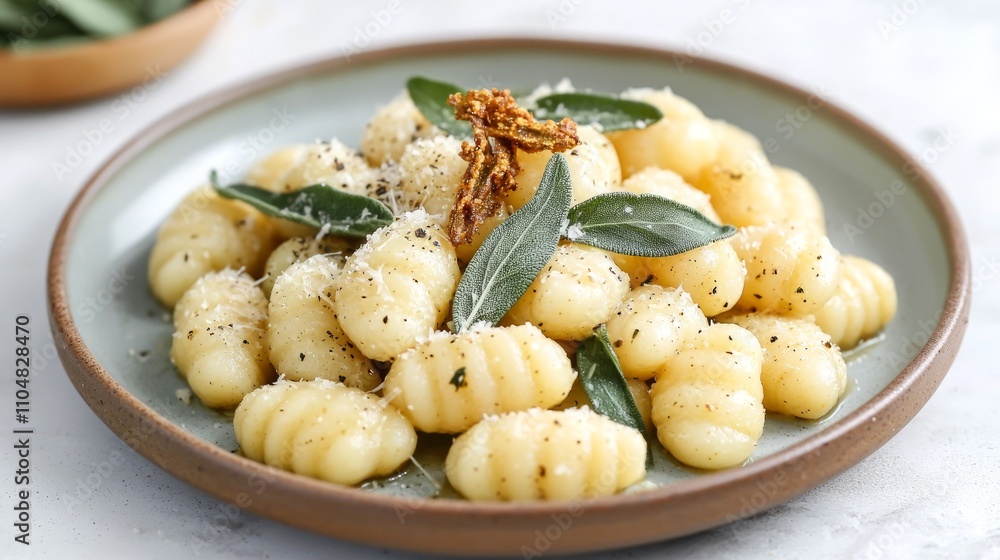 Exquisite Vegan Gnocchi in Sage Brown Butter Sauce with Crispy Sage Leaves and Vegan Parmesan - Plant-Based Gastronomy Exquisite Vegan Gnocchi in Sage Brown Butter Sauce with Crispy Sage Leaves and Vegan Parmesan - Plant-Based Gastronomy