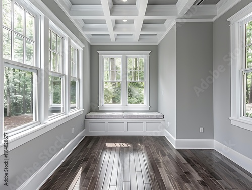 Sunroom with white windows, gray walls, dark wood floors, small window seat, beamed ceiling, home decor style.