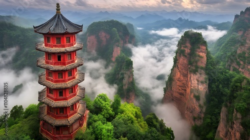 Wallpaper Mural Red Pagoda Perched High Above Misty Mountain Valley Torontodigital.ca