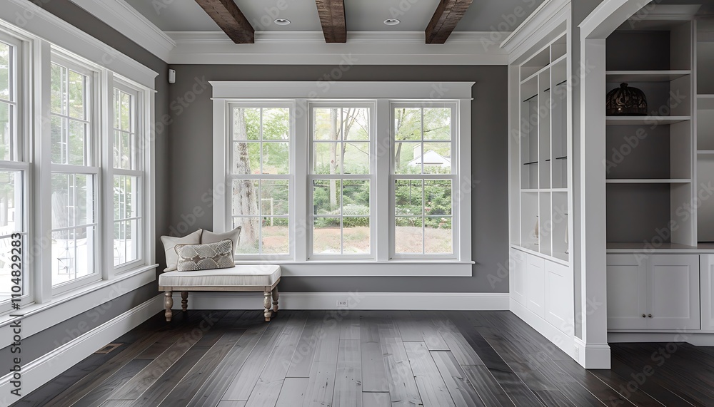 Fototapeta premium Sunroom with white windows, gray walls, dark wood floors, window seat, beamed ceiling, home decor style.