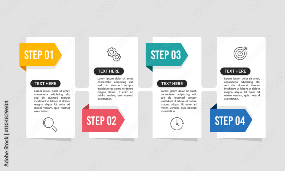 Infographic 4 steps to business goals. Presentation, Data, Information and Plan. Vector illustration. Infographic 4 steps to business goals. Presentation, Data, Information and Plan. Vector illustration.