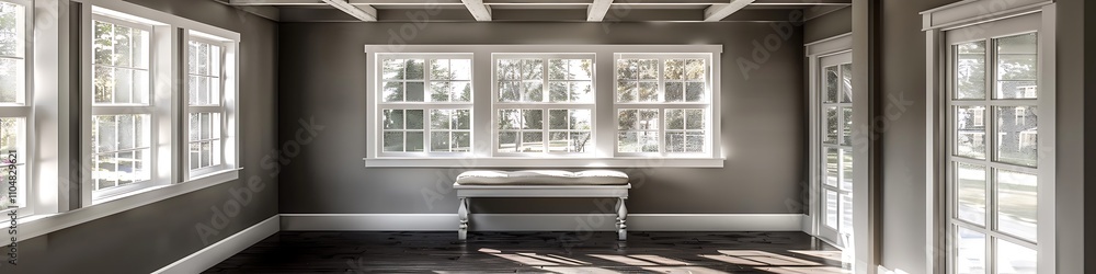 Fototapeta premium Sunroom with white windows, gray walls, dark wood floors, small window seat, beamed ceiling, home decor style.